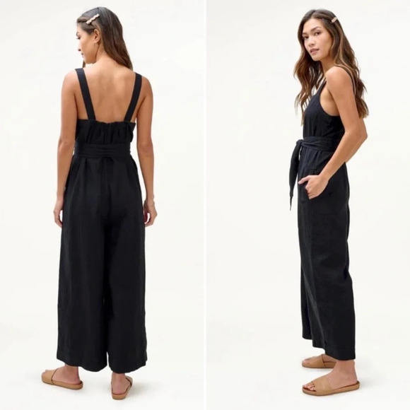 Mary Lawless Lee x Splendid Button Jumpsuit Black Linen Blend 22172 - Picture 4 of 15